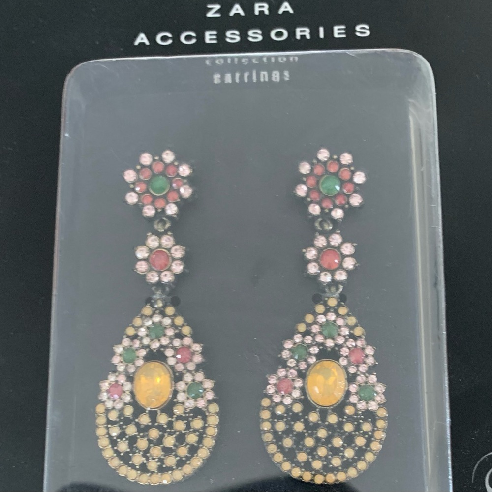 Zara multicolored rhinestone paved drop earrings jewelry NWT - Picture 3 of 7